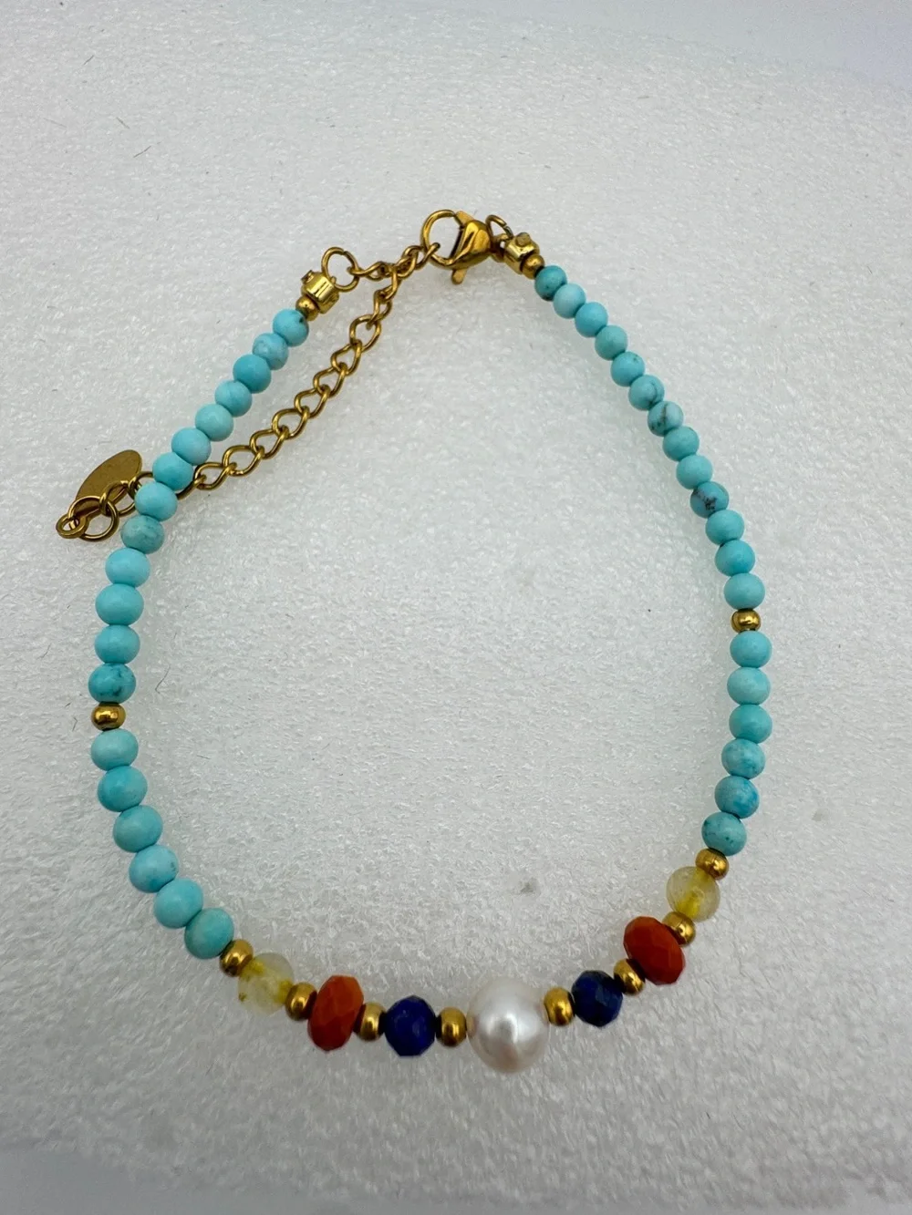 Stainless steel Turquoise gemstone and real freshwater pearl dainty bracelet